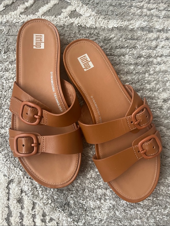 Fitflop Shoes - Fitflop GRACIE Buckle Two-Bar Leather Slides Light Brown - Size 8 Summer Resort